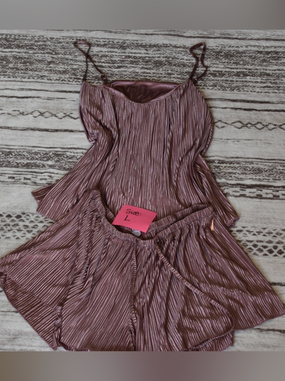 Women’s Satin-Look Mauve Pleated Pajama Set - Spaghetti Strap Cami & Shorts